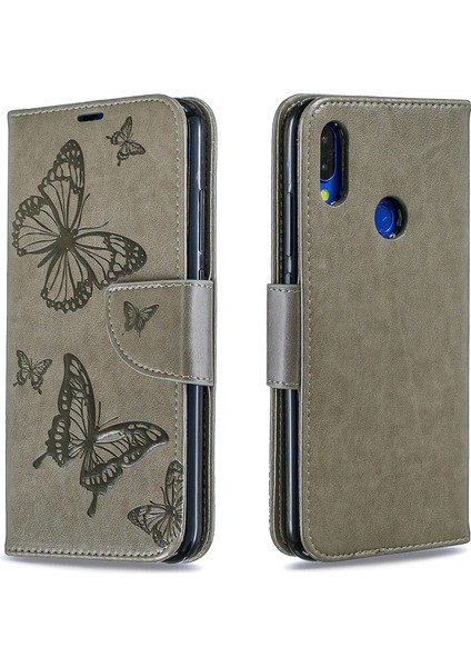 Xiaomi Redmi Için Not 7s /not 7 /note 7 Pro (Hindistan) Pu Deri Dergisi Kelebekler Telefon Case-Grey (Yurt Dışından)