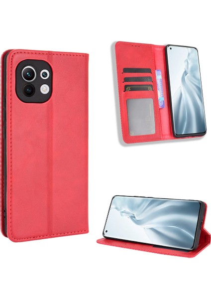 Xiaomi Mi 11-Kırmızı Için Vintage Stil Manyetik Toka Cüzdan Standı Telefon Kasası Kapağı (Yurt Dışından)