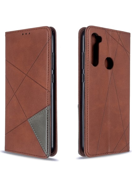 Geometrik Desen Standı Deri Kart Tutucu Xiaomi Redmi Note 8t-Brown (Yurt Dışından)