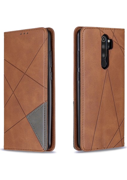 Geometrik Desen Standı Deri Kart Tutucu Xiaomi Redmi Note 8 Pro-Brown (Yurt Dışından)