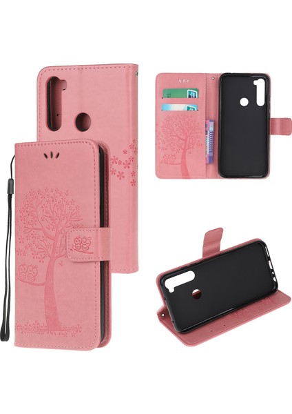 Baskı Ağacı Baykuş Pu Deri Cüzdan Telefon Kapağı Stand ile Xiaomi Redmi Not 8-Pink (Yurt Dışından)
