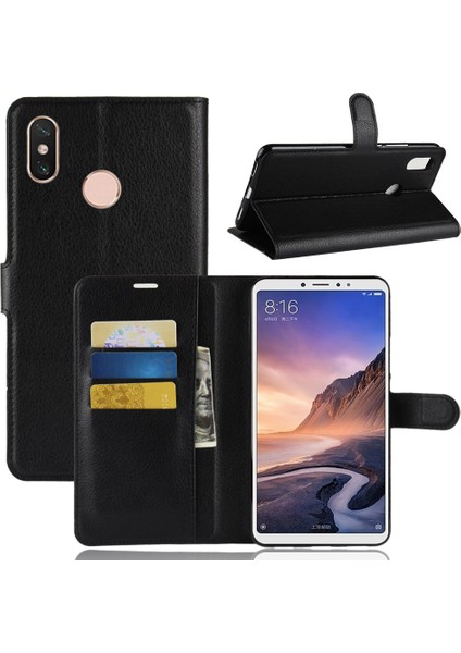 Xiaomi Mi Max 3-Black Için Litchi Cilt Cüzdan Deri Stand Kılıfı (Yurt Dışından)
