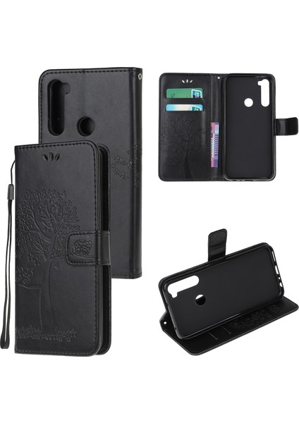 Baskı Ağacı Baykuş Cüzdan Standı Deri Kapak Xiaomi Redmi Not 8t-Black (Yurt Dışından)