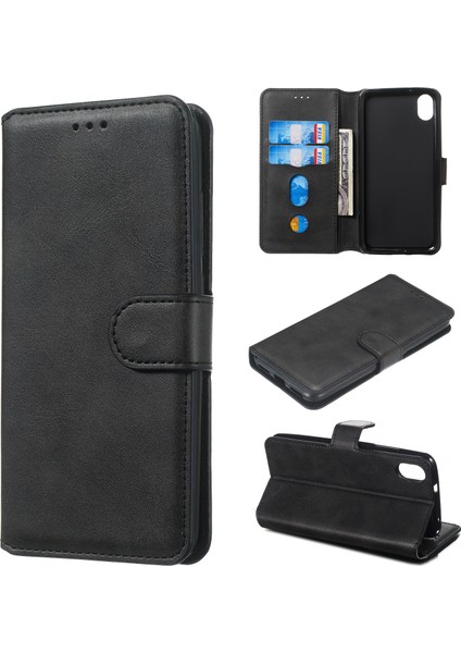 Xiaomi Redmi 7A-BLACK Için Standlı Düz ​​renkli Cüzdan Manyetik Deri Kabuk (Yurt Dışından)