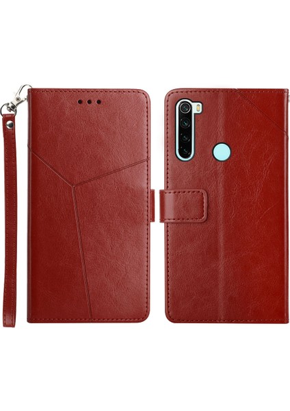 Yumuşak Iç Tpu ve Dış Pu Deri Y Şeklinde Hat Baskı Şok Emilmiş Telefon Cüzdanı Kabuk Stant Örtüsü Xiaomi Redmi Not 8 2021-DARK Kırmızı (Yurt Dışından)