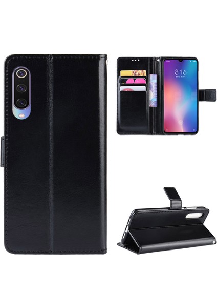 Çılgın At Doku Cüzdan Deri Flip Case, El Kayışı ile Flow Pone Xiaomi Mi Cc9/ Mi Cc9 Meitu Edition/ Mi 9 Lite-Black (Yurt Dışından)