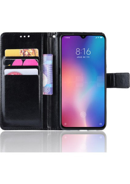 Çılgın At Doku Cüzdan Deri Flip Case, El Kayışı ile Flow Pone Xiaomi Mi Cc9/ Mi Cc9 Meitu Edition/ Mi 9 Lite-Black (Yurt Dışından)