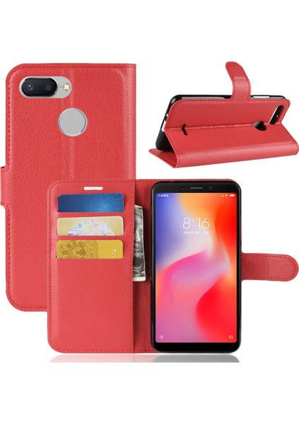 Xiaomi Redmi 6 (Çift Kamera: 12MP+5MP) Için Litchi Cilt Cüzdan Deri Standı Kabuğu (Yurt Dışından)