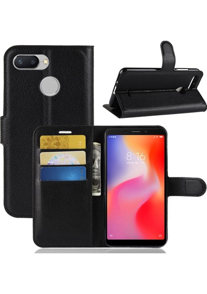 Xiaomi Redmi 6 (Çift Kamera: 12MP+5MP) Için Litchi Cilt Cüzdan Deri Stand Kılıfı (Yurt Dışından)