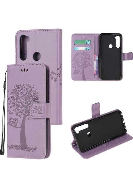 Baskı Ağacı Baykuş Pu Deri Cüzdan Telefon Kapağı Xiaomi Redmi Stand ile Not 8-Işık Mor (Yurt Dışından)