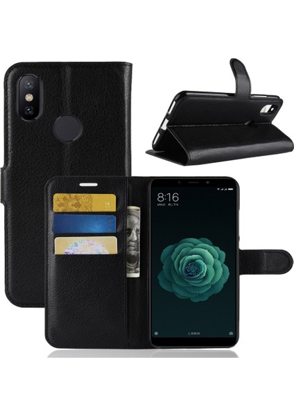 Xiaomi Mi A2/mi 6x-Black Için Litchi Cilt Cüzdan Deri Stand Kılıfı (Yurt Dışından)