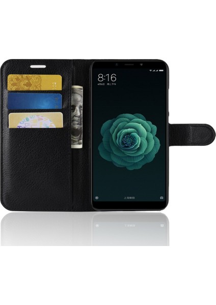 Xiaomi Mi A2/mi 6x-Black Için Litchi Cilt Cüzdan Deri Stand Kılıfı (Yurt Dışından)