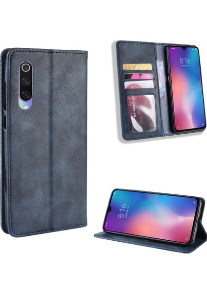 Xiaomi Mi Cc9/ Mi Cc9 Meitu Edition/ Mi 9 Lite-Blue Için Vintage Stil Pu Deri Cüzdan Stand Stand Telefon Kılıfı (Yurt Dışından)