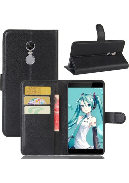 Litchi Doku Deri Cüzdan Xiaomi Redmi Stand ile Telefon Kılıfı Not 4x-Black (Yurt Dışından)