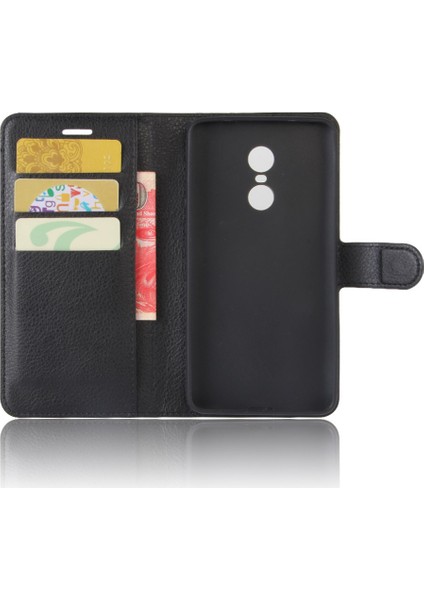Litchi Doku Deri Cüzdan Xiaomi Redmi Stand ile Telefon Kılıfı Not 4x-Black (Yurt Dışından)