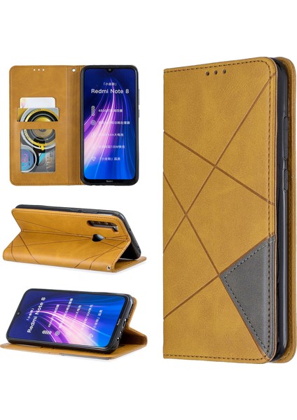 Geometrik Desen Standı Deri Kart Tutucu Xiaomi Redmi Note 8-Sarı Için (Yurt Dışından)