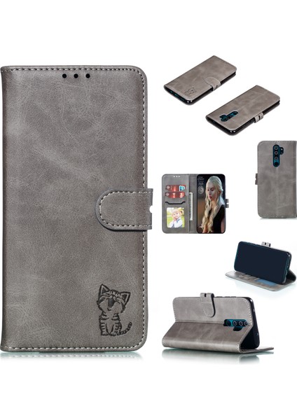 Xiaomi Redmi Için Baskılı Kedi Deseni Deri Cüzdan Stand Kılıfı Note 8 Pro-Grey (Yurt Dışından)
