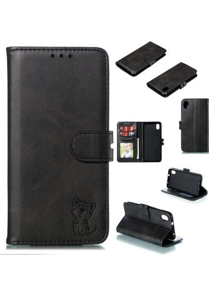 Xiaomi Redmi 7A-BLACK Için Baskılı Kedi Deseni Deri Cüzdan Stand Kılıfı (Yurt Dışından)