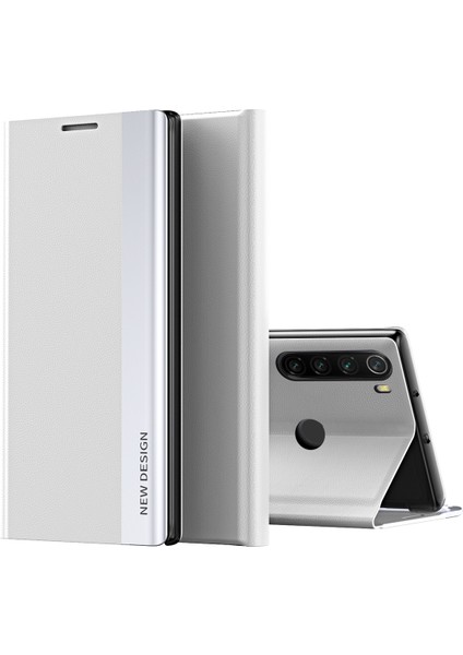 Pu Deri Otomatik Absorbed Stand Telefon Kılıfı Xiaomi Redmi Note 8t-Silver (Yurt Dışından)