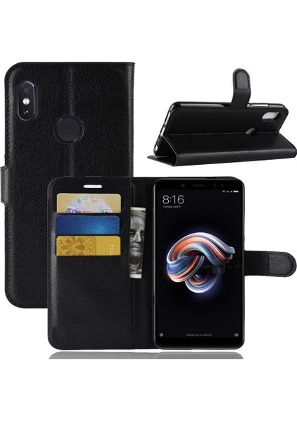 Xiaomi Redmi Için Litchi Cilt Cep Telefonu Deri Cüzdan Kılıfı Not 5 Pro (Çift Kamera)/redmi Note 5 (Çin) -Black (Yurt Dışından)