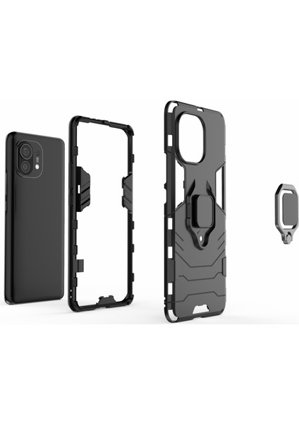 Pc+Tpu Kombinasyon Parmak Halkası Tutucu Kickstand Hibrit Kılıfı Xiaomi Mi 11-Black (Yurt Dışından)