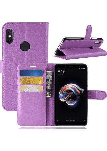 Xiaomi Redmi Için Litchi Cilt Cep Telefonu Deri Cüzdan Kılıfı Not 5 Pro (Çift Kamera)/redmi Note 5 (Çin) -Purple (Yurt Dışından)