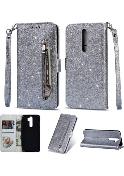 Glitter Powder Fermudied Deri Cüzdan Kılıfı Xiaomi Redmi Için Kayış Not 8 Pro-Silver (Yurt Dışından)