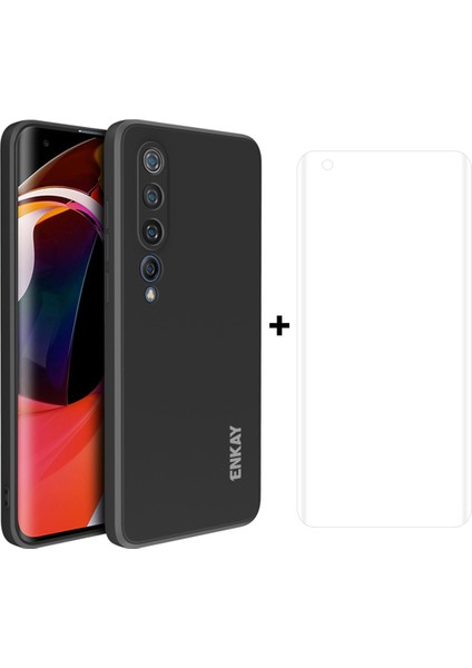 Hassas Delik Sıvı Silikon Düz Kenar Telefon Kapak Kılıfı+Tam Ekran Sıcak Bükme Pet Hd Ekran Koruyucu Xiaomi Mi 10-Black (Yurt Dışından)