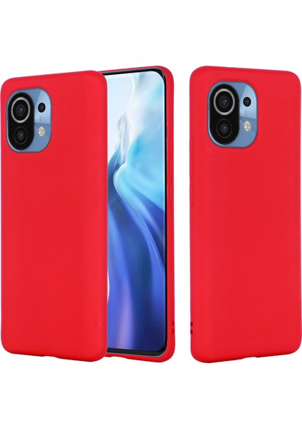 Xiaomi Mi 11-Kırmızı Için Kayışlı Düz Renkli Sıvı Silikon Telefon Koruyucu Kabuk (Yurt Dışından)