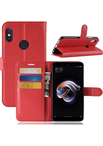 Xiaomi Redmi Için Litchi Cilt Cep Telefonu Deri Cüzdan Kılıfı Not 5 Pro (Çift Kamera)/redmi Note 5 (Çin) -Red (Yurt Dışından)