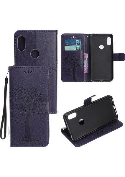 Baskı Ağacı Baykuş Cüzdan Standı Deri Flip Telefon Kılıfı Xiaomi Redmi Not 7s/not 7/not 7 Pro (Hindistan) -Bark Purple (Yurt Dışından)