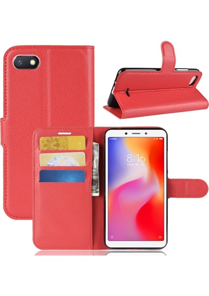 Litchi Doku Deri Cüzdan Stand Mobil Kapak Xiaomi Redmi 6A (Tek 12MP Arka Kamera) -Red (Yurt Dışından)