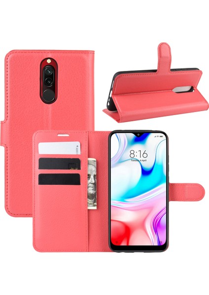 4U Sky Litchi Cilt Cüzdan Deri Deri Serin Stand Kılıfı Xiaomi Redmi 8-Kırmızı (Yurt Dışından)