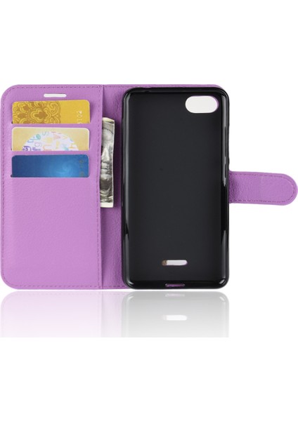 Litchi Doku Deri Cüzdan Xiaomi Redmi 6A (Tek 12MP Arka Kamera) Için Telefon Kasası -Purple (Yurt Dışından) modelleri