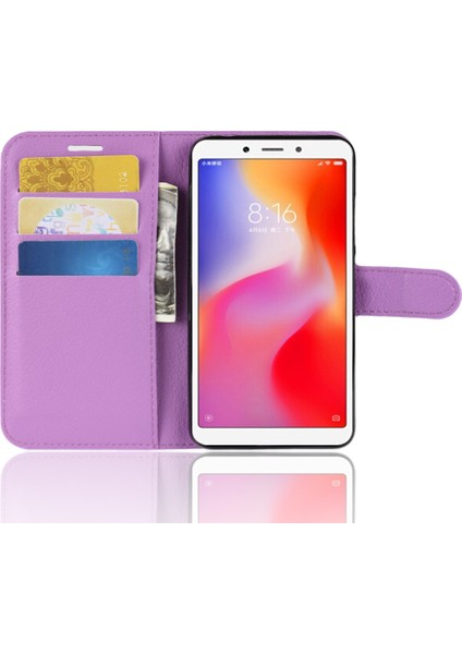 Litchi Doku Deri Cüzdan Xiaomi Redmi 6A (Tek 12MP Arka Kamera) Için Telefon Kasası -Purple (Yurt Dışından) fırsatları
