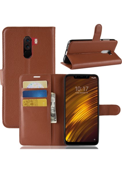 Xiaomi Için Pocophone F1/poco F1 (Hindistan) Kabuk Casing Litchi Tahıl Deri Kılıfı (Stand ve Cüzdan) -Brown (Yurt Dışından)