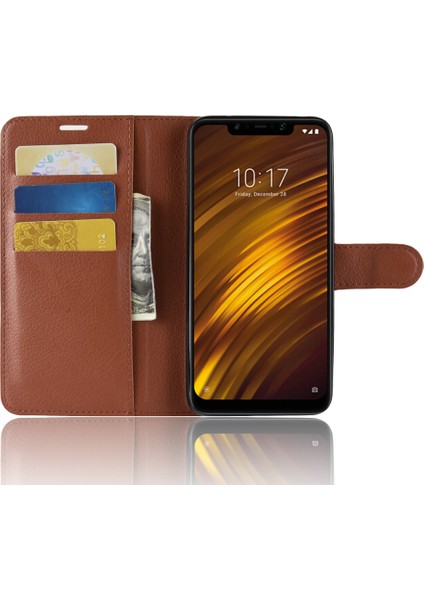 Xiaomi Için Pocophone F1/poco F1 (Hindistan) Kabuk Casing Litchi Tahıl Deri Kılıfı (Stand ve Cüzdan) -Brown (Yurt Dışından) fırsatları