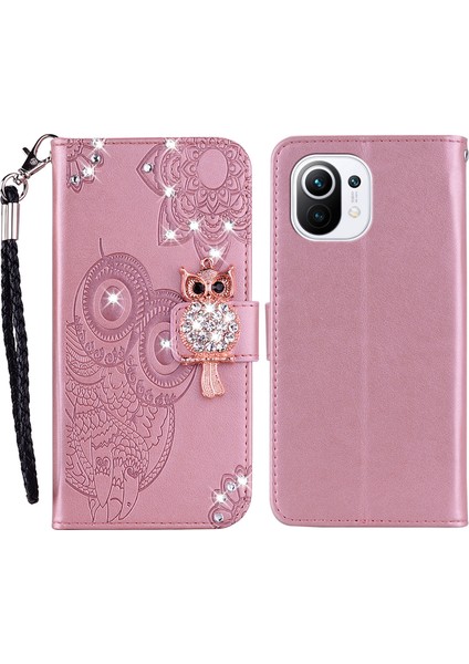 Baykuş Izi Rhinestone Dekor Cüzdan Deri Kapak Xiaomi Mi 11-Rose Altın Için (Yurt Dışından)