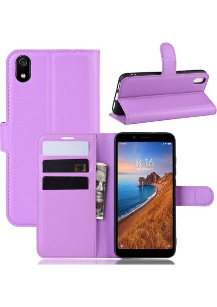 Litchi Doku Cüzdan Pu Deri Stand Telefonu Xiaomi Redmi 7A-SPURPLE Için (Yurt Dışından)