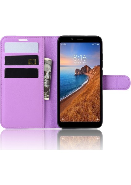 Litchi Doku Cüzdan Pu Deri Stand Telefonu Xiaomi Redmi 7A-SPURPLE Için (Yurt Dışından)