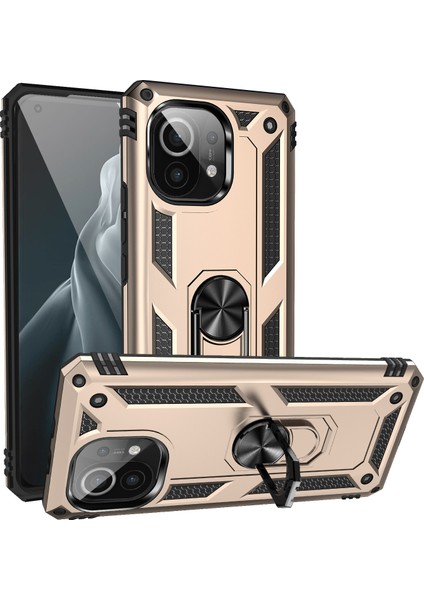 Hibrid Pc+Tpu Telefon Kılıfı Kabuk Xiaomi Mi 11-Gold Için Anti-Fall Parmak Yüzüğü Kickstand (Yurt Dışından)