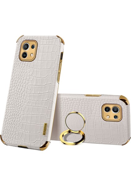 Elektrokaplatma Hassas Kesim Timsah Doku Pu Deri Tasarımı+Tpu Telefon Kapağı Xiaomi Mi 11-Beyaz Için Halka Tutucu ile (Yurt Dışından)