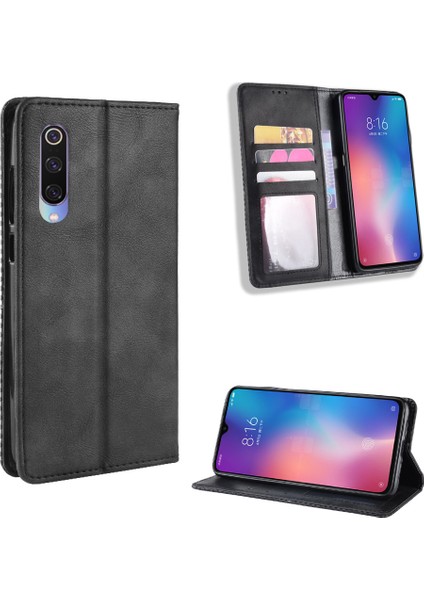 Xiaomi Mi Cc9/ Mi Cc9 Meitu Edition/ Mi 9 Lite-Black Için Vintage Style Pu Deri Cüzdan Stand Stand Telefon Kılıfı (Yurt Dışından)