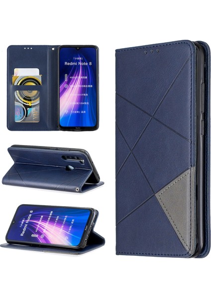 Geometrik Desen Standı Deri Kart Tutucu Xiaomi Redmi Note 8-Blue Için (Yurt Dışından)