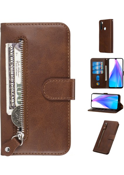 Xiaomi Redmi Için Cüzdan Kılıflı Fermuar Cep Deri 8t-Brown (Yurt Dışından)