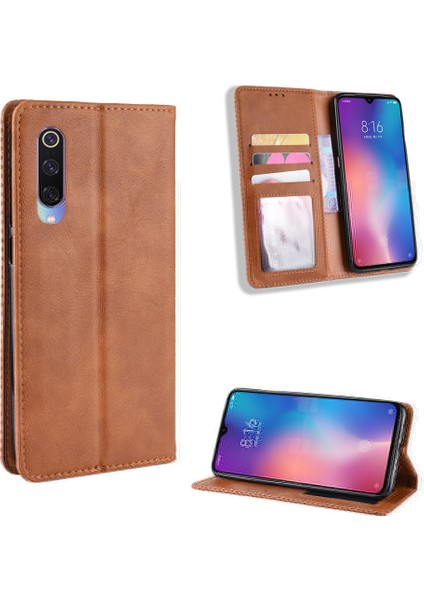 Xiaomi Mi 9-Brown Için Vintage Style Pu Deri Cüzdan Telefon Kılıfı (Yurt Dışından)