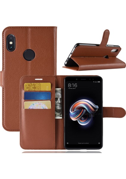 Litchi Cilt Cep Telefonu Deri Deri Cüzdan Kılıfı Xiaomi Redmi Note 5 Pro (Çift Kamera)/redmi Note 5 (Çin) -Brown (Yurt Dışından)