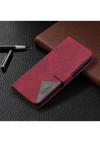 Geometrik Doku Cüzdan Stand Deri Telefon Kabuğu Xiaomi Redmi Note 8t-Dark Kırmızı (Yurt Dışından)