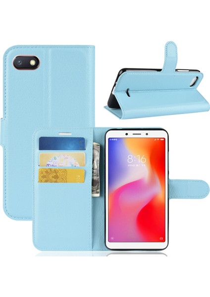 Litchi Doku Deri Cüzdan Standı Xiaomi Redmi 6A (Tek 12MP Arka Kamera) Için Mobil Gövde Kabuğu -Blue (Yurt Dışından)