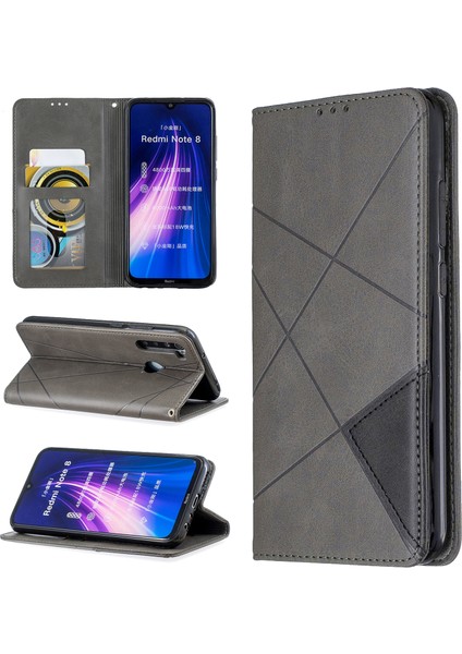 Geometrik Desen Standı Deri Kart Tutucu Xiaomi Redmi Note 8-Grey Için (Yurt Dışından)
